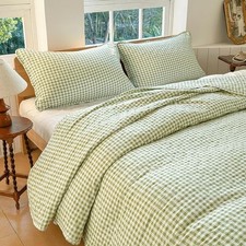 Sage Green Gingham Queen Quilt Set Soft Pre-washed Microfiber Green Plaid Queen