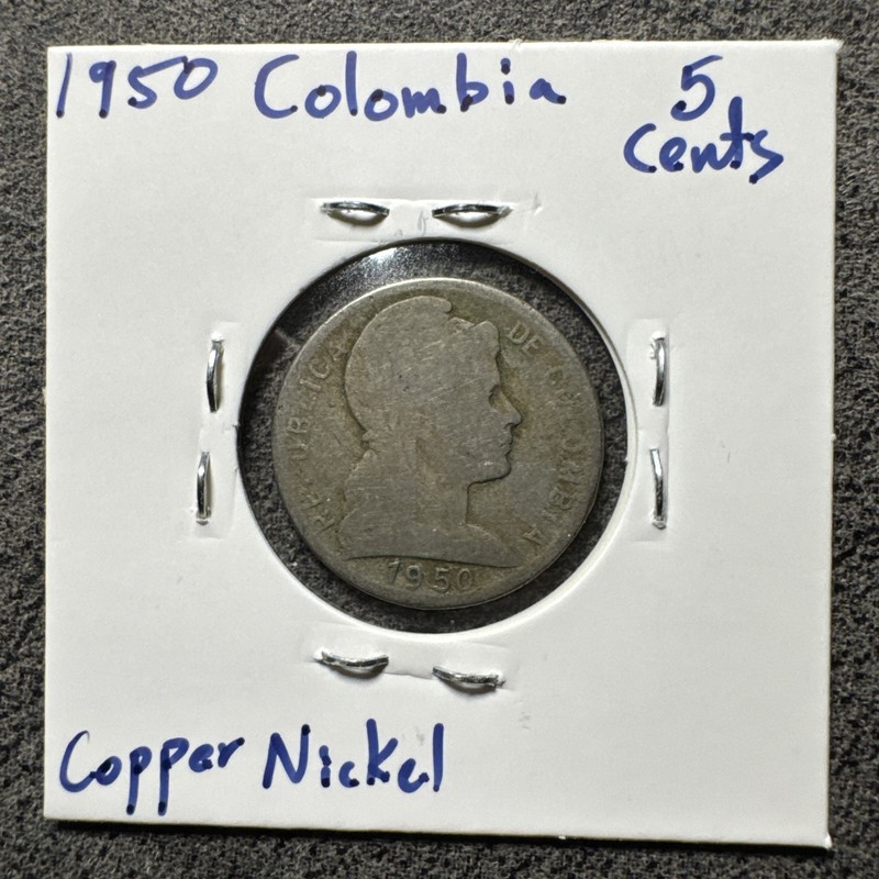 1950 Colombia 5 Centavos. Copper Nickel Coin. Non Magnetic.