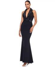  269 Betsy  Adam Women's Bow-Trim Shawl-Collar Gown, Black, Size: 6