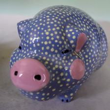 Gray Polka Dot Ceramic Piggy Bank w/Pink Nose  Tail 5" x 7" Missing Plug 