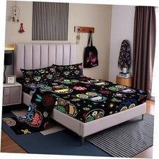 Sugar Skull Bed Sheet Set for Kids Teens, TWIN W39 L75 H16" Multi 15