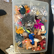 Ty Beanie Babies Mixed Animals Plush Lot w/ Heart Tags in Plastic Storage Bin