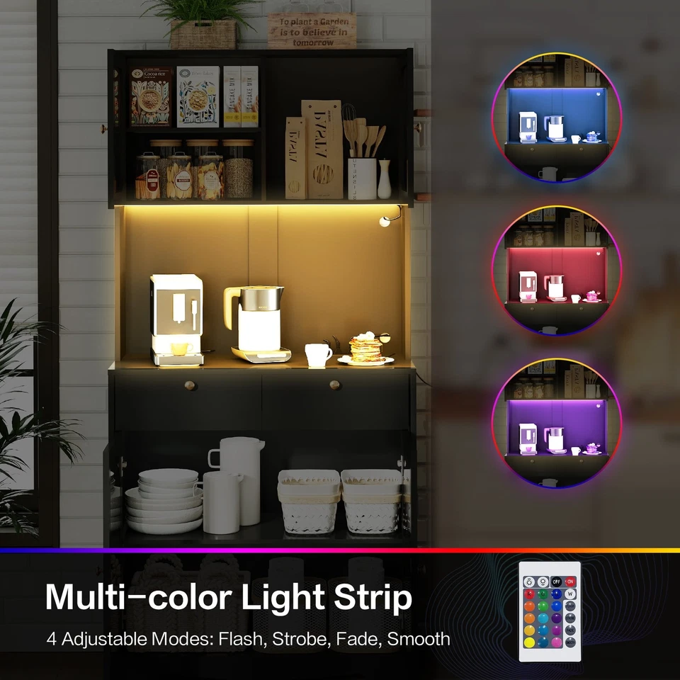 71" Kitchen Pantry Storage Cabinet with Glass Doors LED Light and Power Outlet - Image 2 of 4