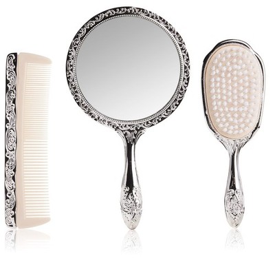 Vanity Set Silver Plated 3 Piece Comb Brush Mirror - Perfect Gift for Girls