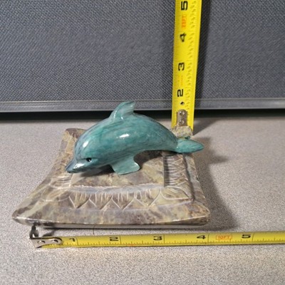 Vintage Hand Carved Solid Onyx Stone Blue Dolphin & Marble Base 2pcs #5259L526
