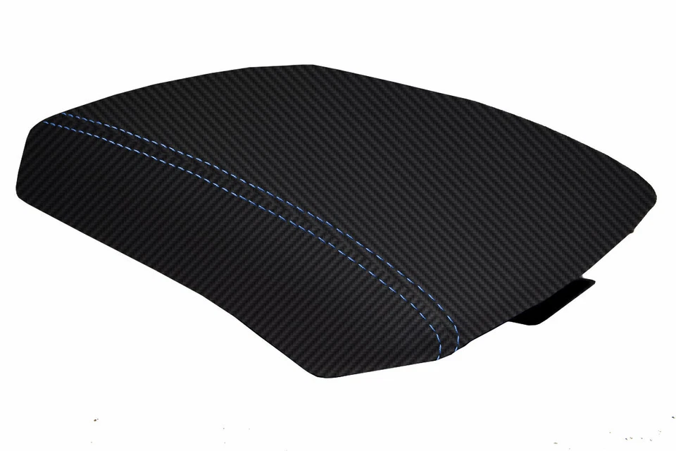 Fits 2005-2015 Nissan Xterra Carbon Fiber Console Lid Armrest Cover Blue Stitch - Image 2 of 4