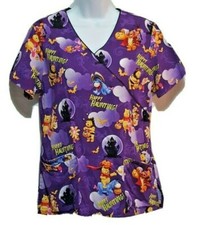 Disney Winnie the Pooh Women  s Scrub Top XS Halloween Happy Haunting Purple