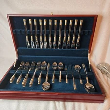 Aegean Weave Gold by Wallace 18/10 Flatware Set 12 Service 65 Pieces vtg