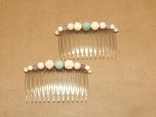 Vintage Carved Roses  Gemstone Beaded Lucite Hair Comb Barrettes USA 3"