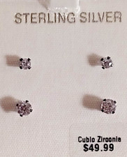 2 Pair Round Cubic Zirconia Stud Earrings 3MM 4MM Sterling Silver