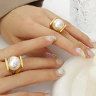 Stainless Steel Ring Y Shape Inlaid Pearl Gold Plated Statement Women Jewelry