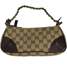 GUCCI GG Monogram Mini Pochette Shoulder Chain Bag Leather Brown Y2K Vintage