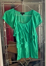 AB Studio Top Womens XL Green Short Sleeve Ruffle Stretch Knit Sexy Geo Print