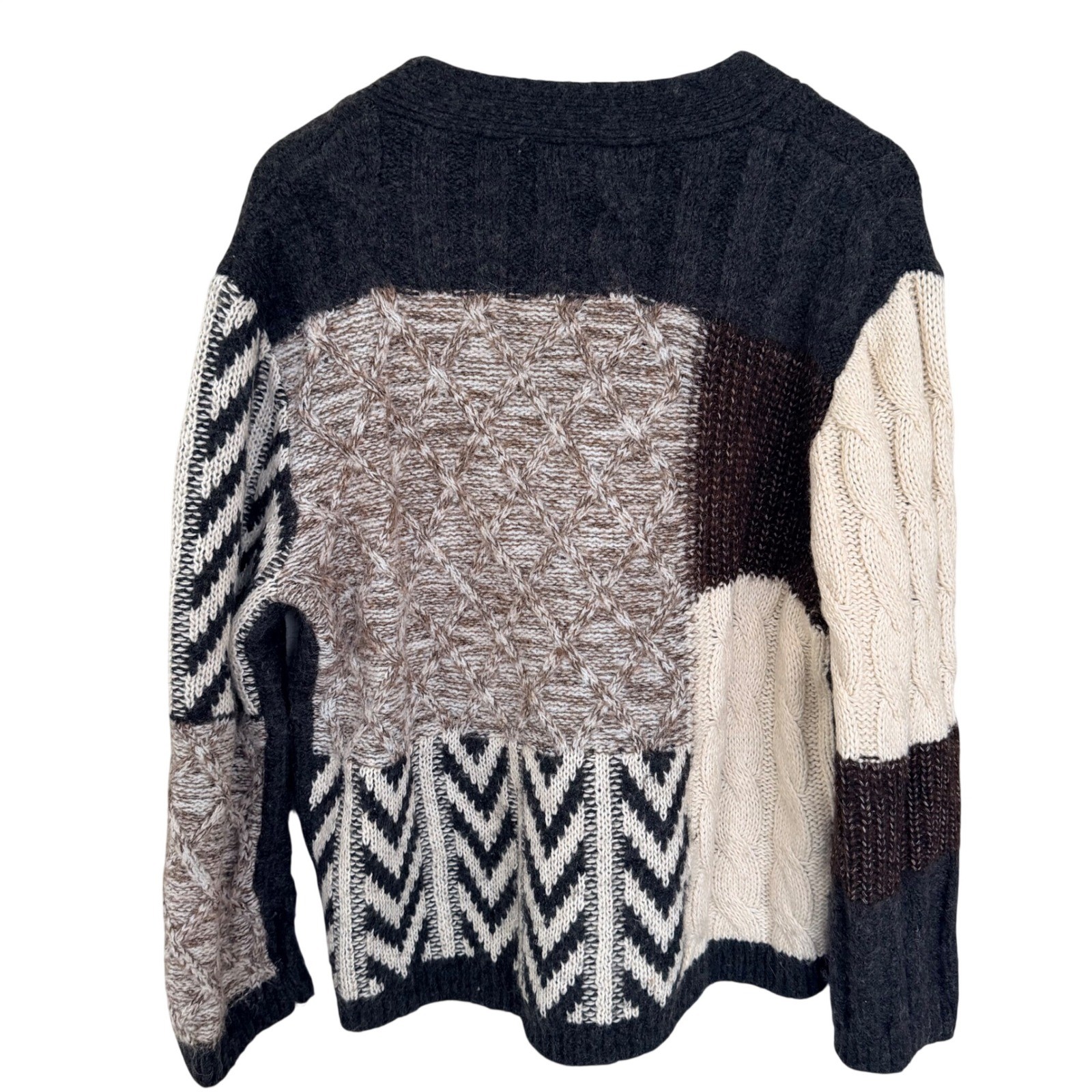 ZARA Patchwork Knit Cardigan Gray Multi Browns Bu… - image 8