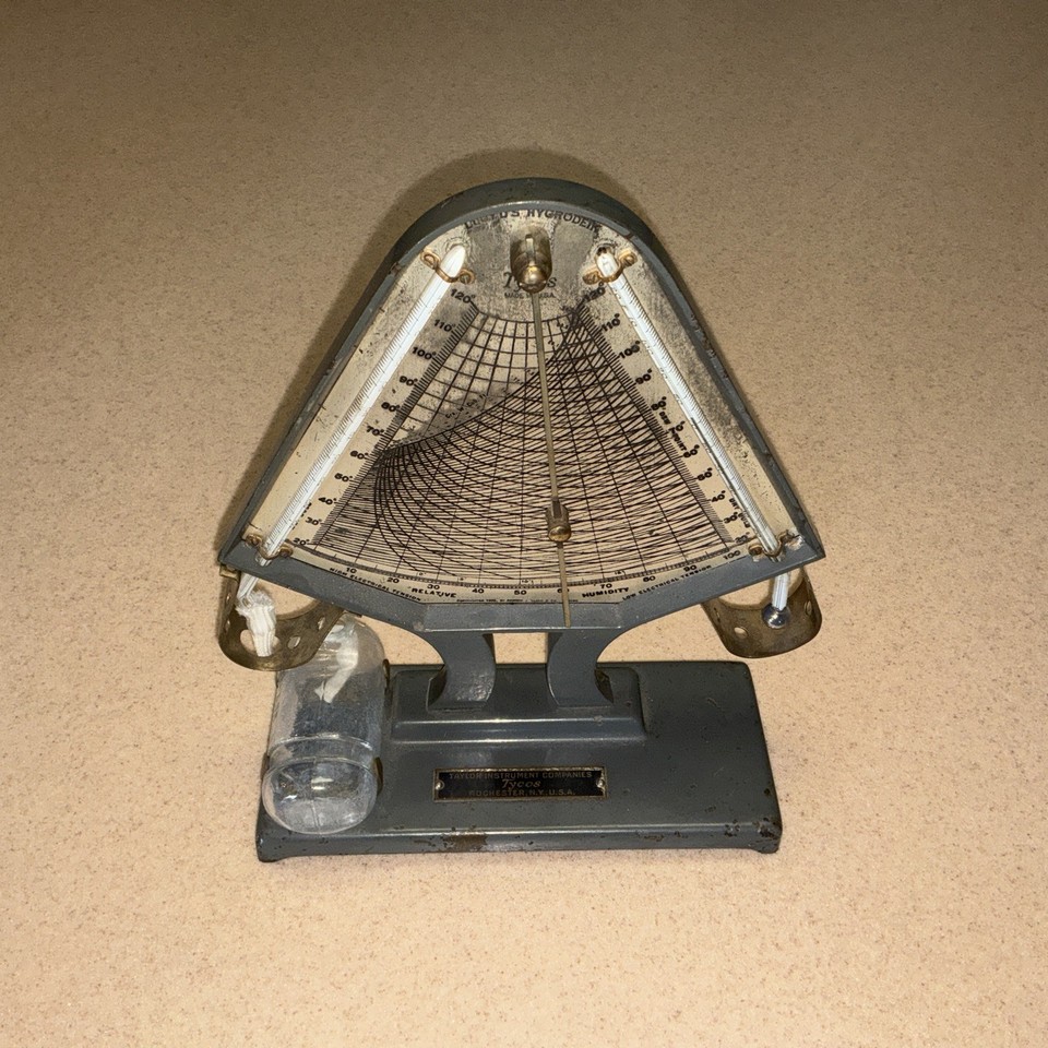 A genuine 1902 Taylor Instruments Hygrodeik — a Victorian-era humidity measurement device with a name so arcane it sounds like a spell, and a look to match.