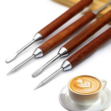 Stainless Steel Coffee Art Pen Wooden Handle Latte Flower Needle Barista Tool