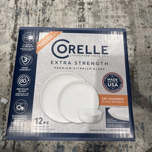 New CORELLE LIVINGWARE VITRELLE  " ENHANCEMENTS "  12 PC DINNERWARE  Made USA