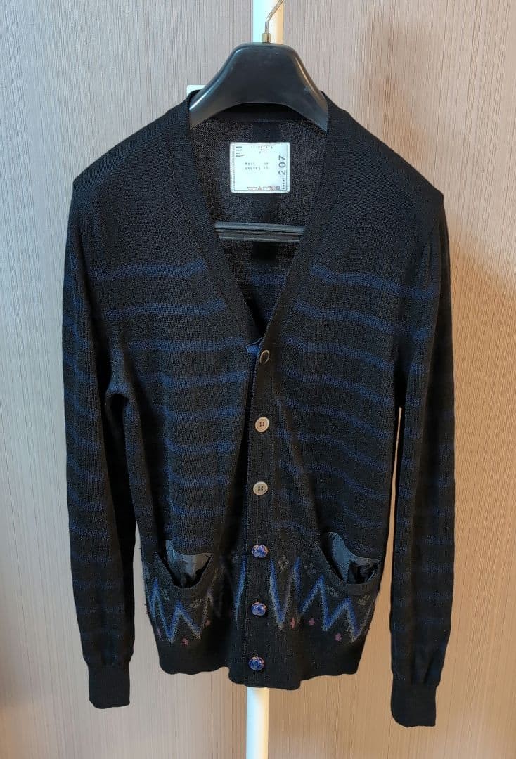 sacai Wool-Angora Stripe Cardigan M Navy Blue, Excellent Condition