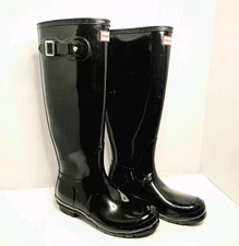 Hunter Women's Glossy Black Original Tall Rain Boots Size US 8 w/Sock Liners