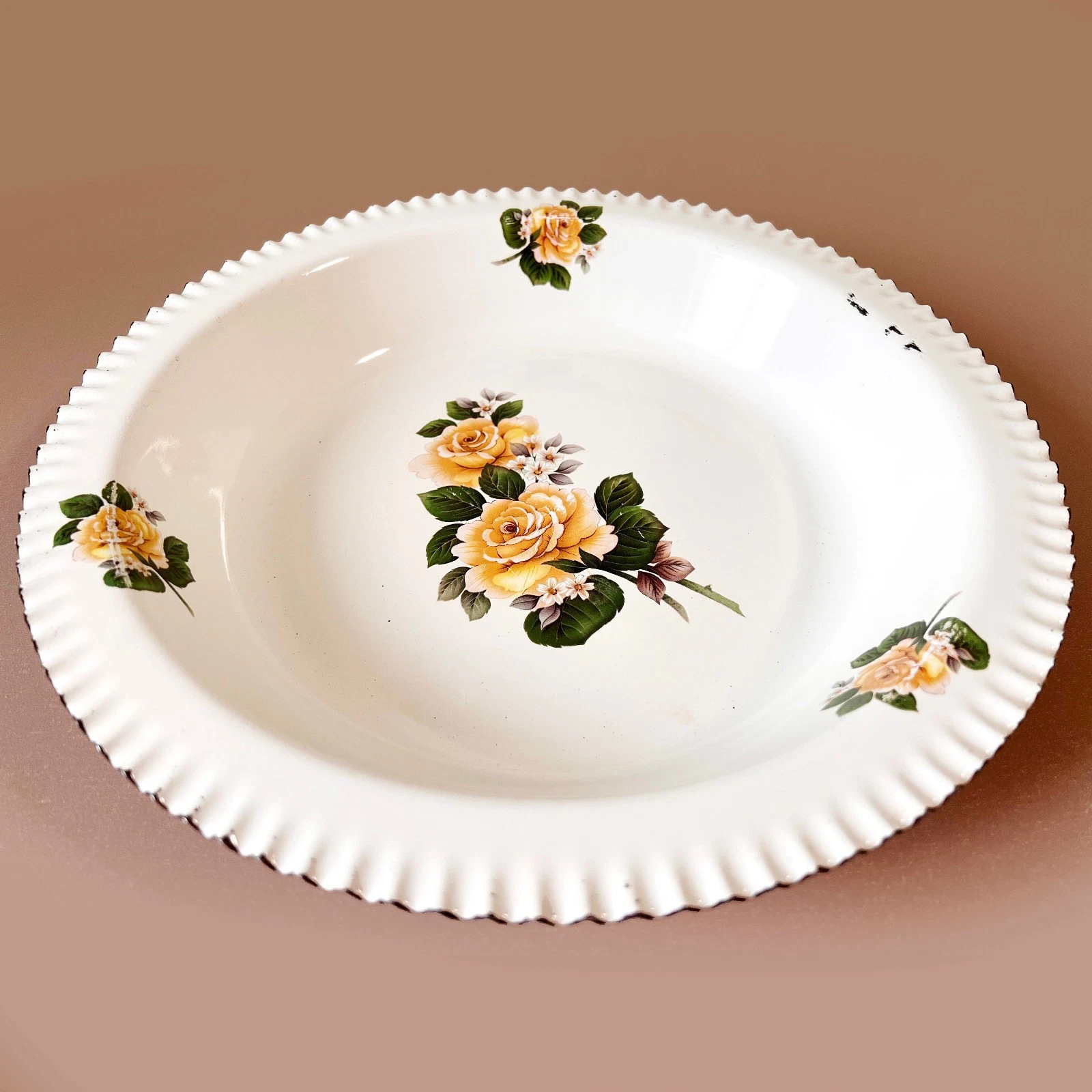Yellow Roses Enamel Tray Vintage Soviet Kitchen Decor 1980s Retro Serving Dish