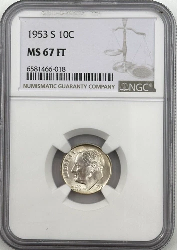 1953 S MS 67 FT Roosevelt 10C NGC 90% Silver