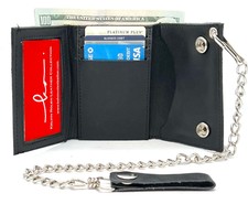 Black Mens Leather Biker's Chain Trifold Wallet Trucker Style Steel Chain