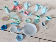 Barbie Light Blue Tone Kitchen Dining Utensils Plates Pitchers Doll Size