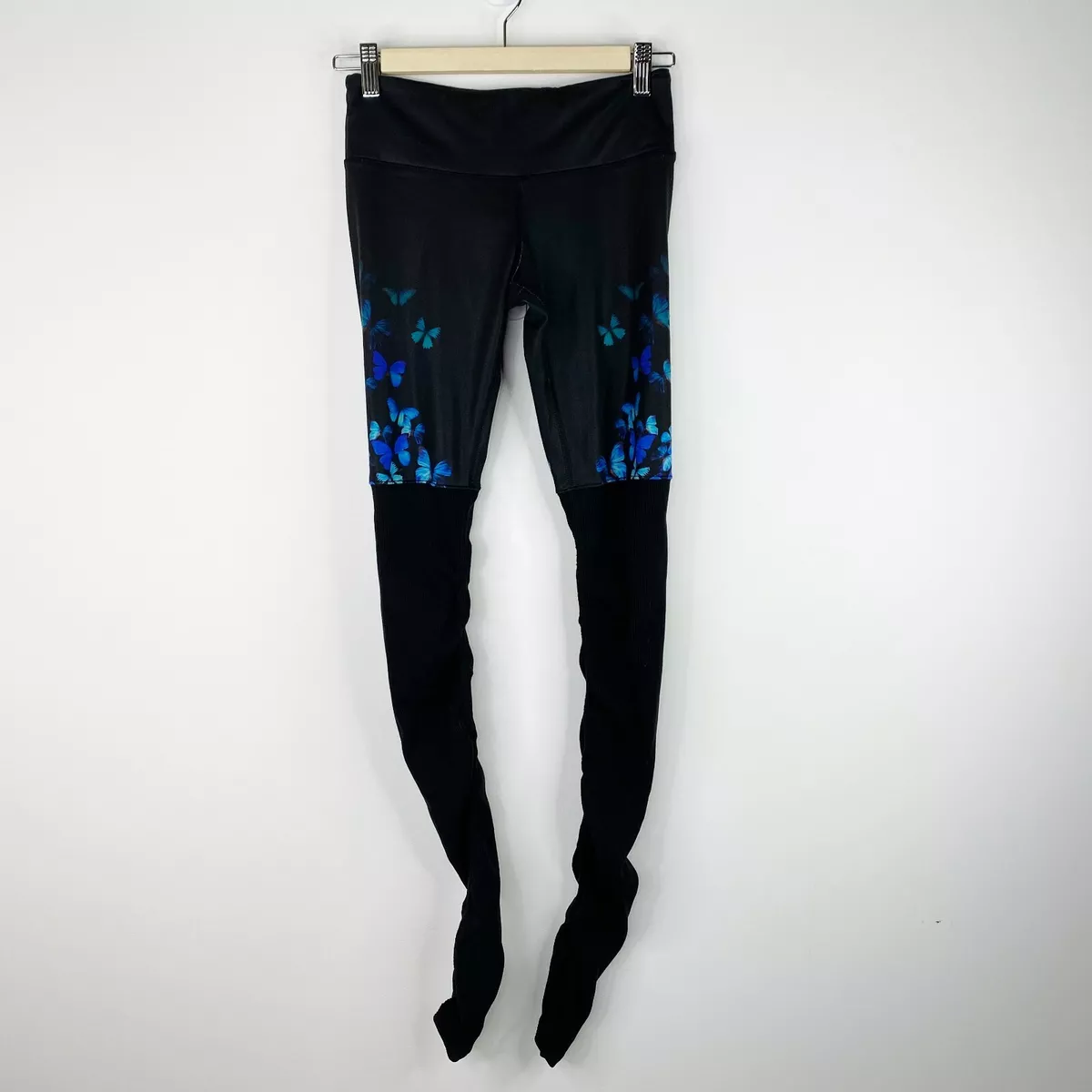 Alo Yoga Size XS Goddess Leggings Ribbed Black Blue Butterfly Print