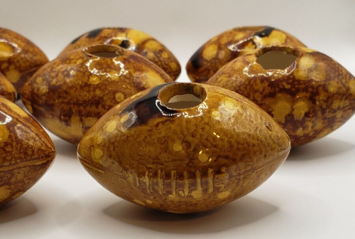 8 Vintage Football Macrame Beads Ceramic 2.5" Long Browns Prolate Spheroid - Picture 2 of 9
