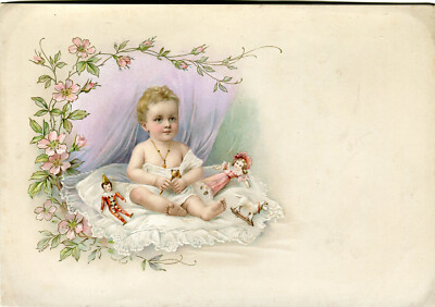 Oblaten scrap die cut chromo Prägebild Litho Baby Blumenumrandung Puppe 20 cm