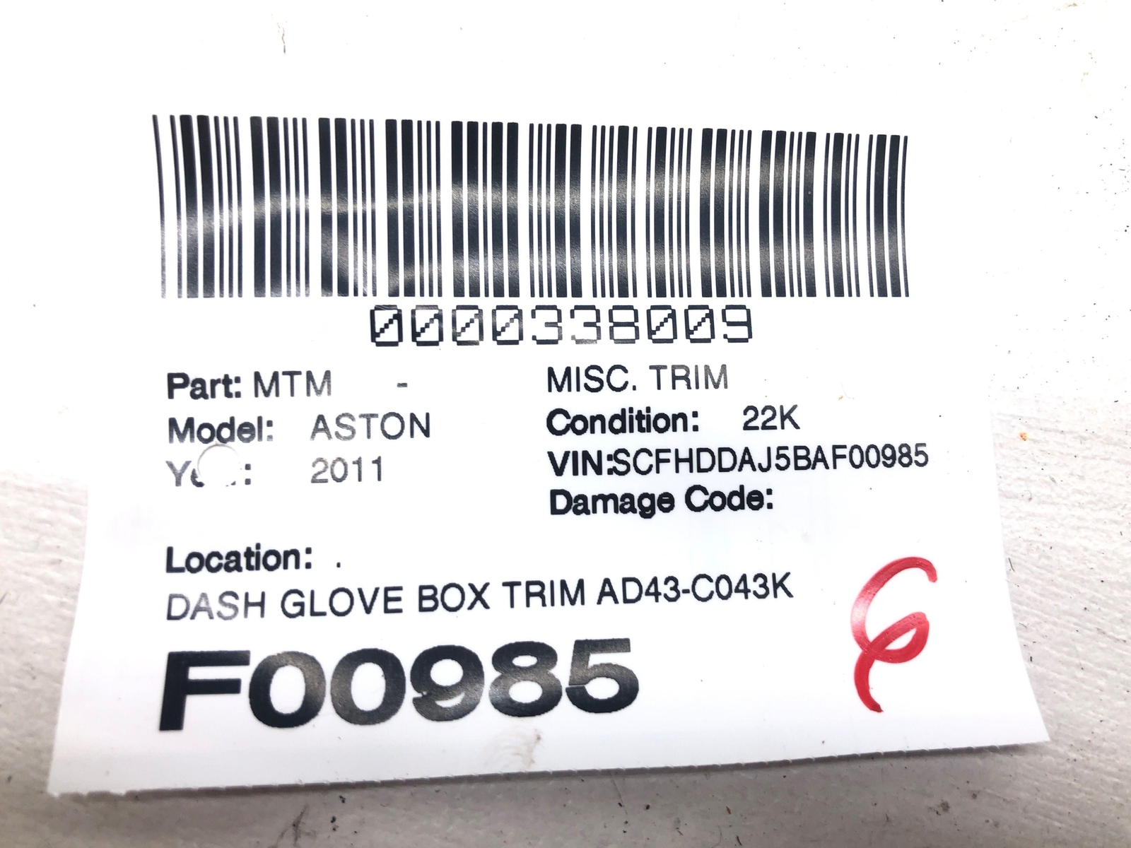 2010-2020 ASTON MARTIN RAPIDE DASH GLOVE BOX TRIM AD43-C043K92-AAW OEM