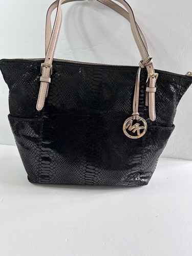 Michael Kors Shoulder Tote Bag Python Snake Embossed Zip Closure Black - 第 2/21 張圖片