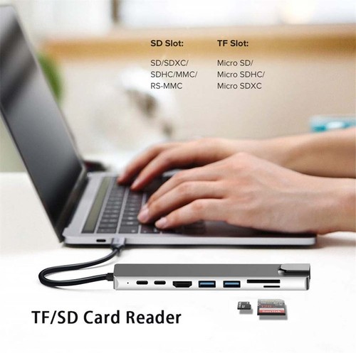 8 in 1 USB-C Type-C Hub 4K HDMI RJ45 Ethernet SD TF Adapter Cable For Mac Laptop - Picture 3 of 36