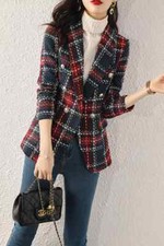 Giacca Tailleur Blazer Spezzato Ufficio Slim Blu Rosso Scozzese Tweed 44585