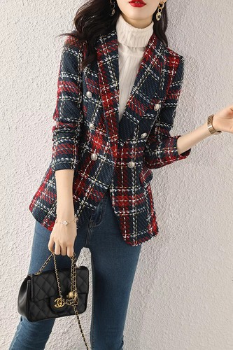 Chanel : Ensemble Jupe En Tweed Rouge Et Bleu Marine