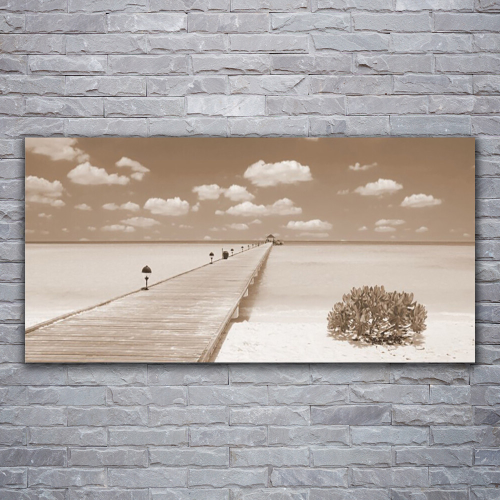 Impression 120x60 premium d'un paysage de mer avec pont en bois sur toile tendue d'art