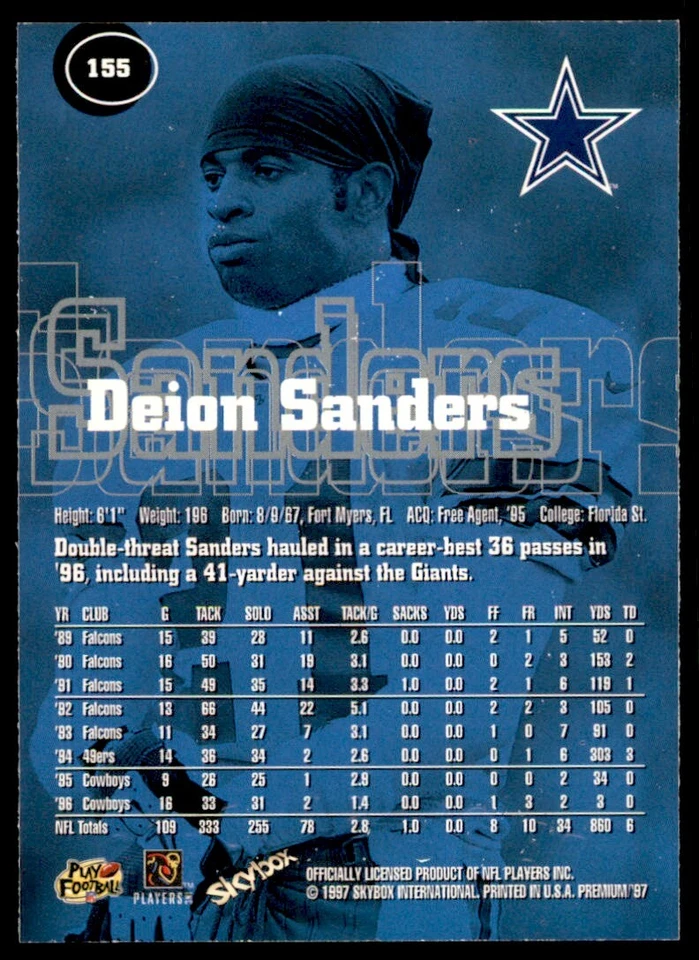 1997 SkyBox Premium Deion Sanders Football Cards #155 - Image 2 of 2