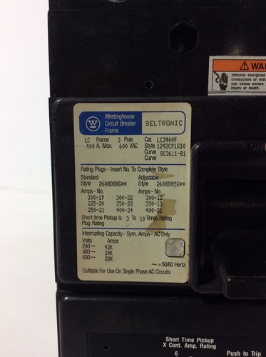 Westinghouse LC3400F Circuit Breaker 400 Amp 3P 600 VAC - Picture 3 of 8