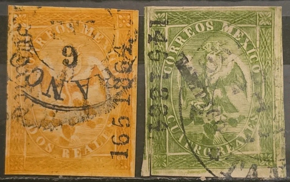 Mexico Used Scott 23-24 Coat Of Arms 1864 F Imperforate Overprints 
