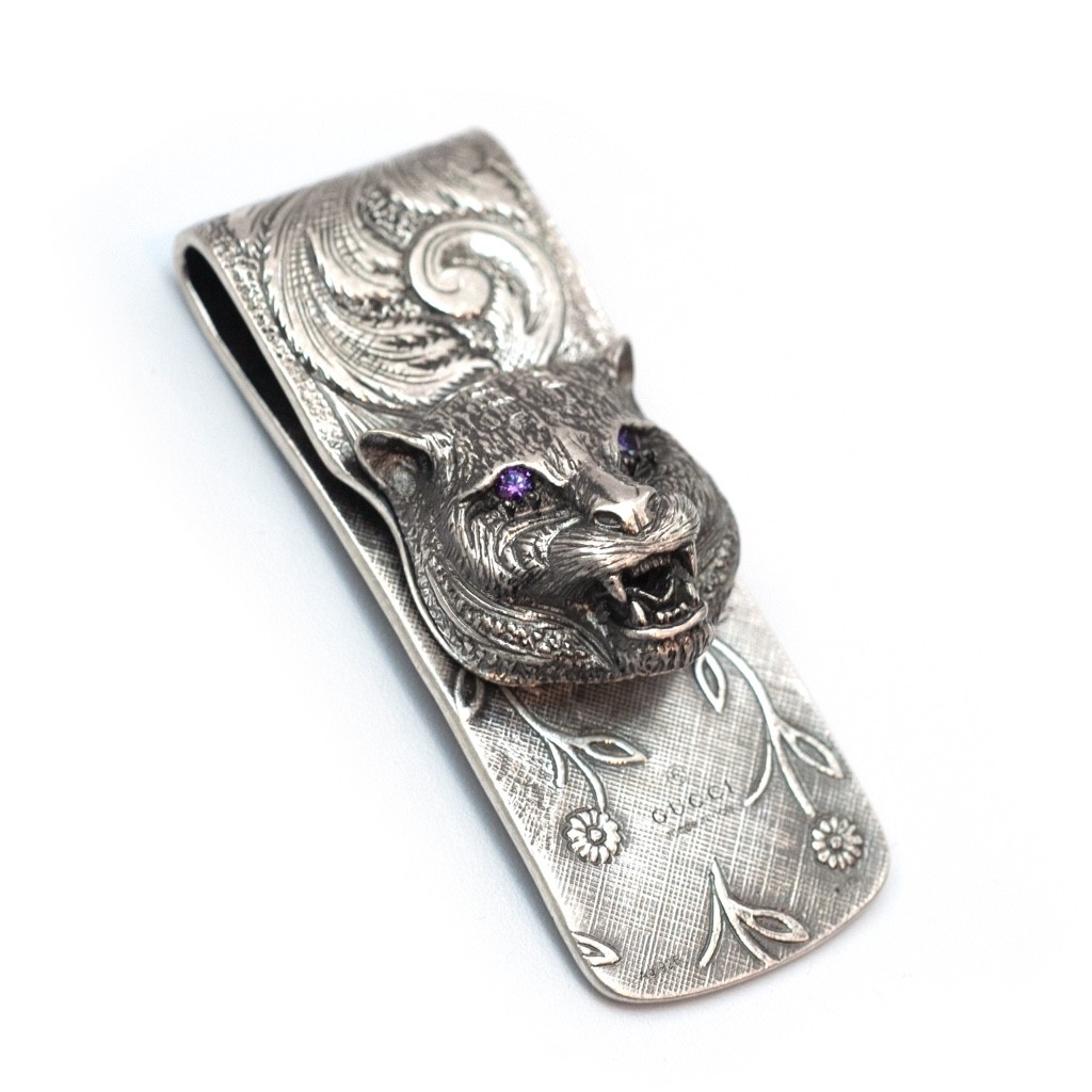 GUCCI G Garden Sterling Silver Feline Money Clip Purple Zircon New