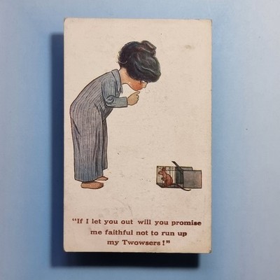 Comic Postkarte 1918 Mause gefangen Käfig hübsches Kind schwarze Haarfräsen Kunst