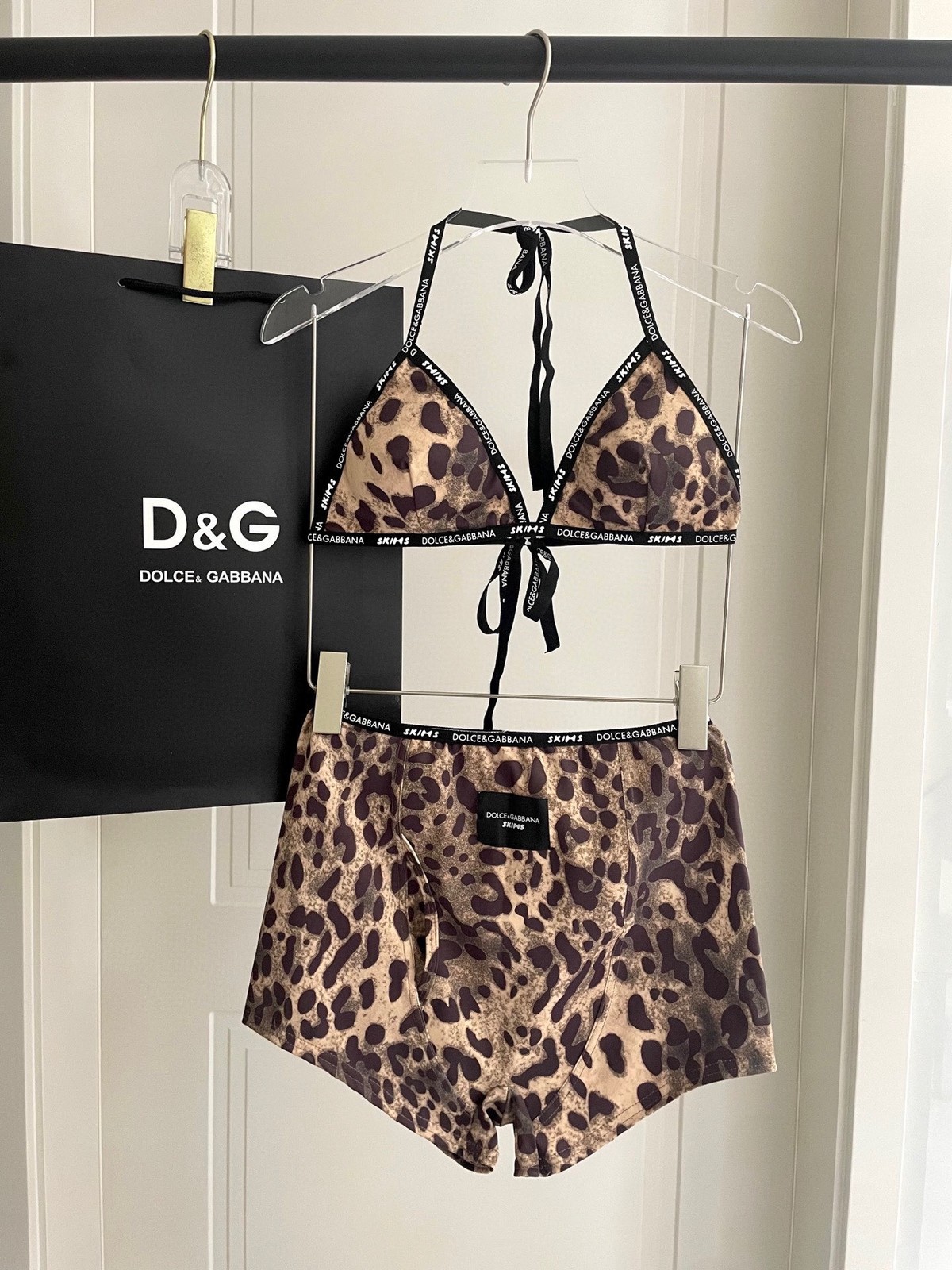Dolce & Gabbana Women's Bikini Set Leopard Print Triangle Halter Top Boy Shorts