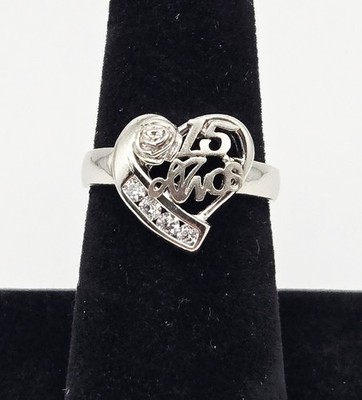 15 Years Anos Quinceanera Heart Sterling Silver Ring Clear Gemstones Size 7 3.4g