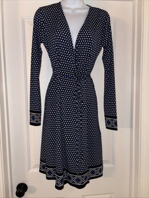 MICHAEL KORS wrap dress blue black white polka dots geo print border Sz XS