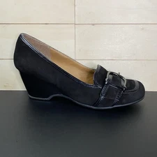 Sofft EuroSoft Black Leather Wedge Heels Women's Size 8 Shoes M Buckle Suede