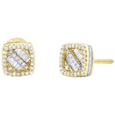 10K Yellow Gold Real Baguette Diamond 7mm 3D Rounded Square Stud Earrings 1/3 CT