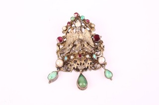 Antique Austro Hungarian Brooch Low Grade Silver Ruby Pearl Turquoise 24.6g