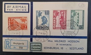 RARE 1950 Iceland Registd Cover ties 4 stamps Reykyavik to Edinburgh