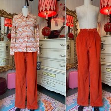 vintage 1980s high waist orange corduroy pleated pants lands end tall 30 med 80s