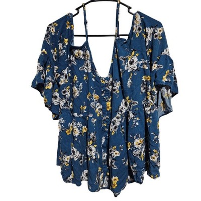 Torrid Babydoll Blouse Womens Size 3X Blue Floral Cold Shoulder Button Up Top